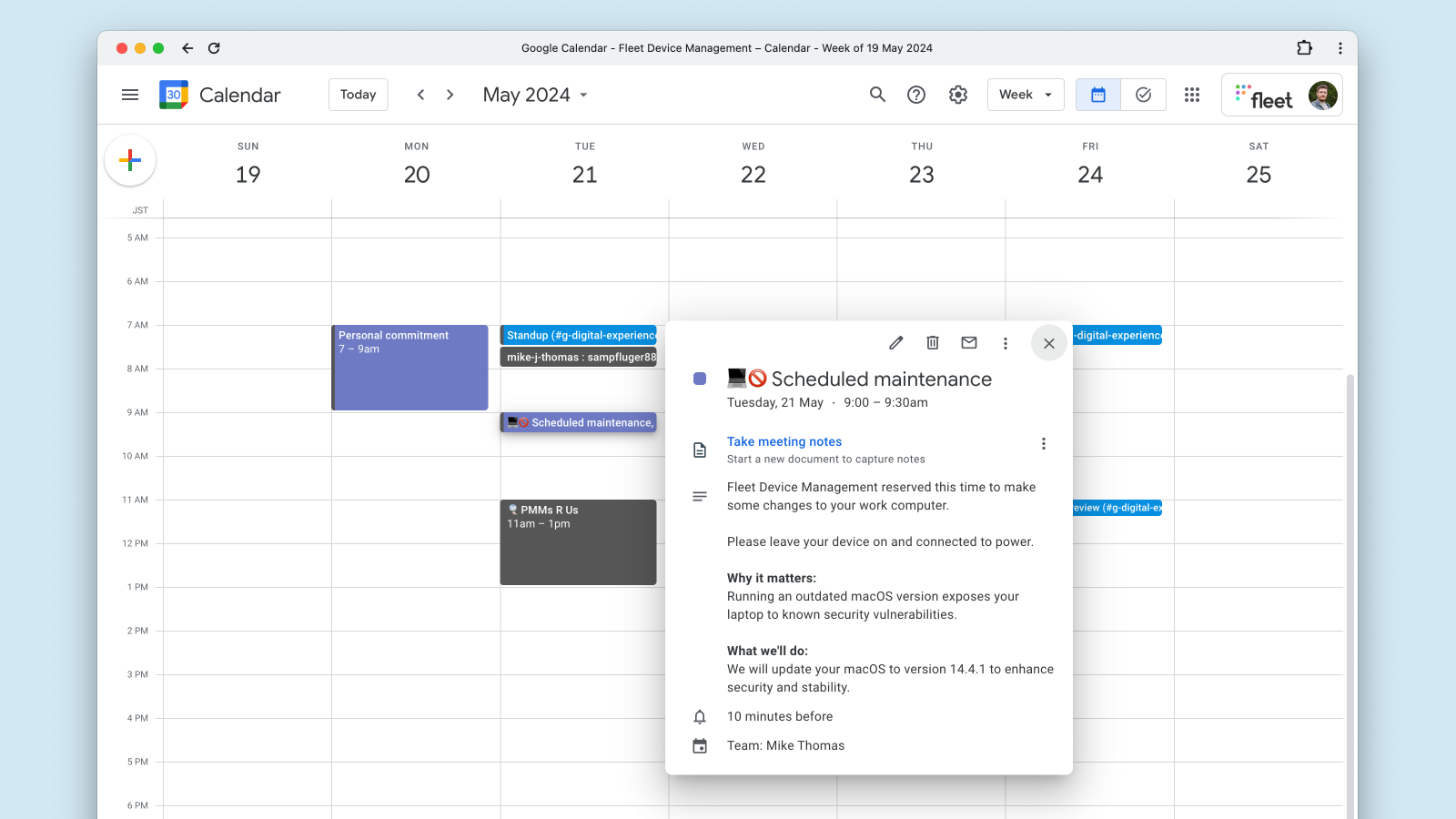 Example downtime maintenance window calendar event
