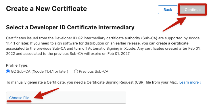 After completing the upload, click Continue to download the
certificate