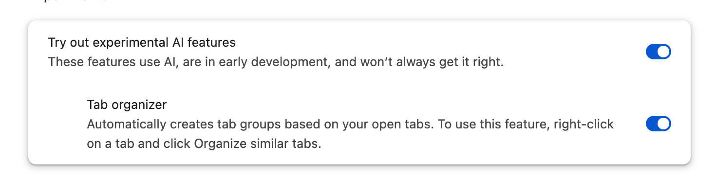 Chrome settings UI with Chrome AI enabled