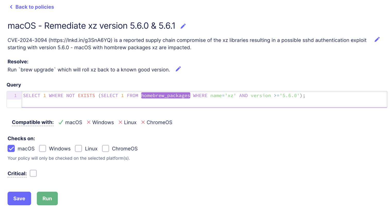 Policy screenshot - remediate xz version 5.6.0 & 5.6.1