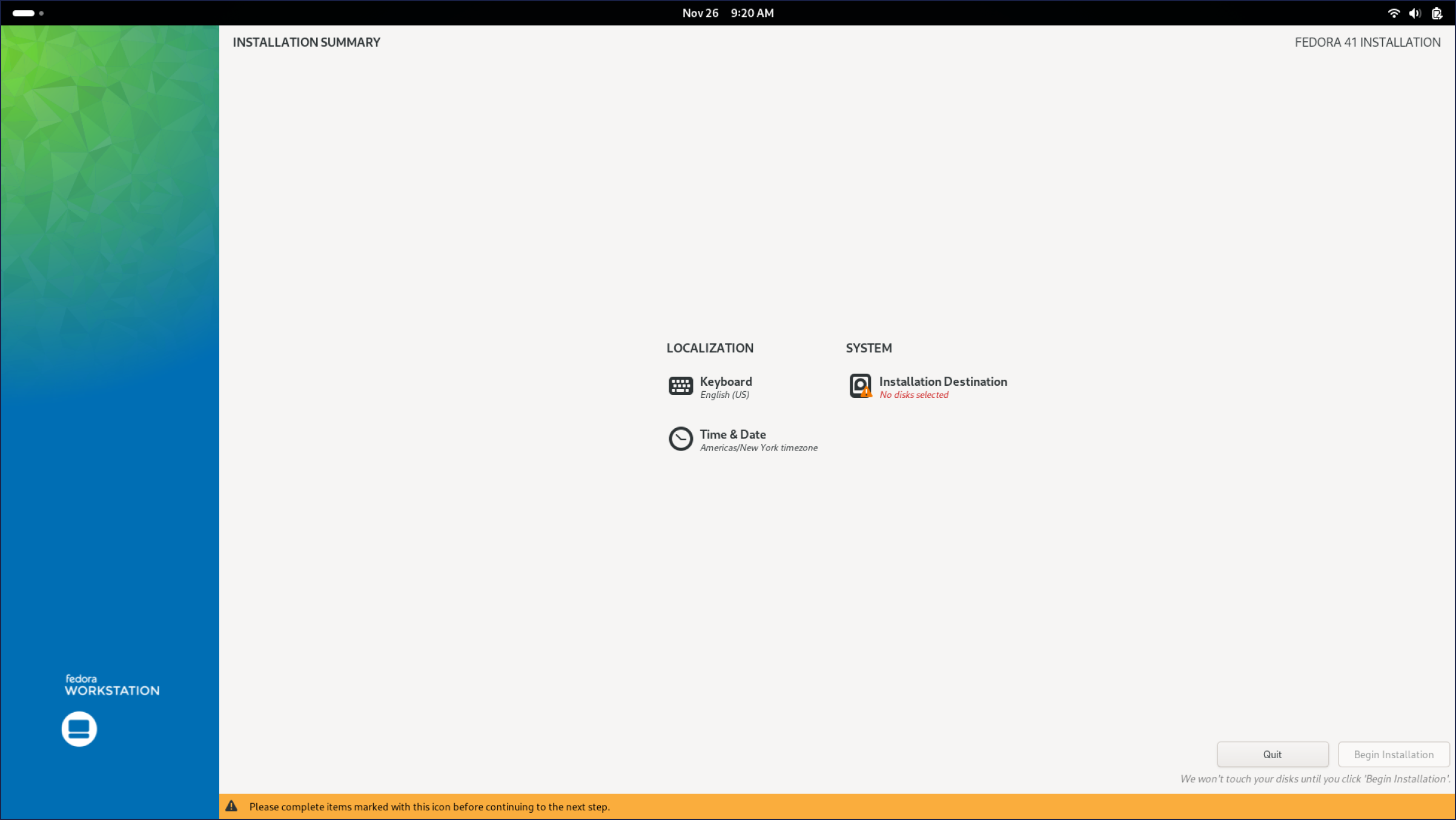 Fedora setup "Installation summary" screen