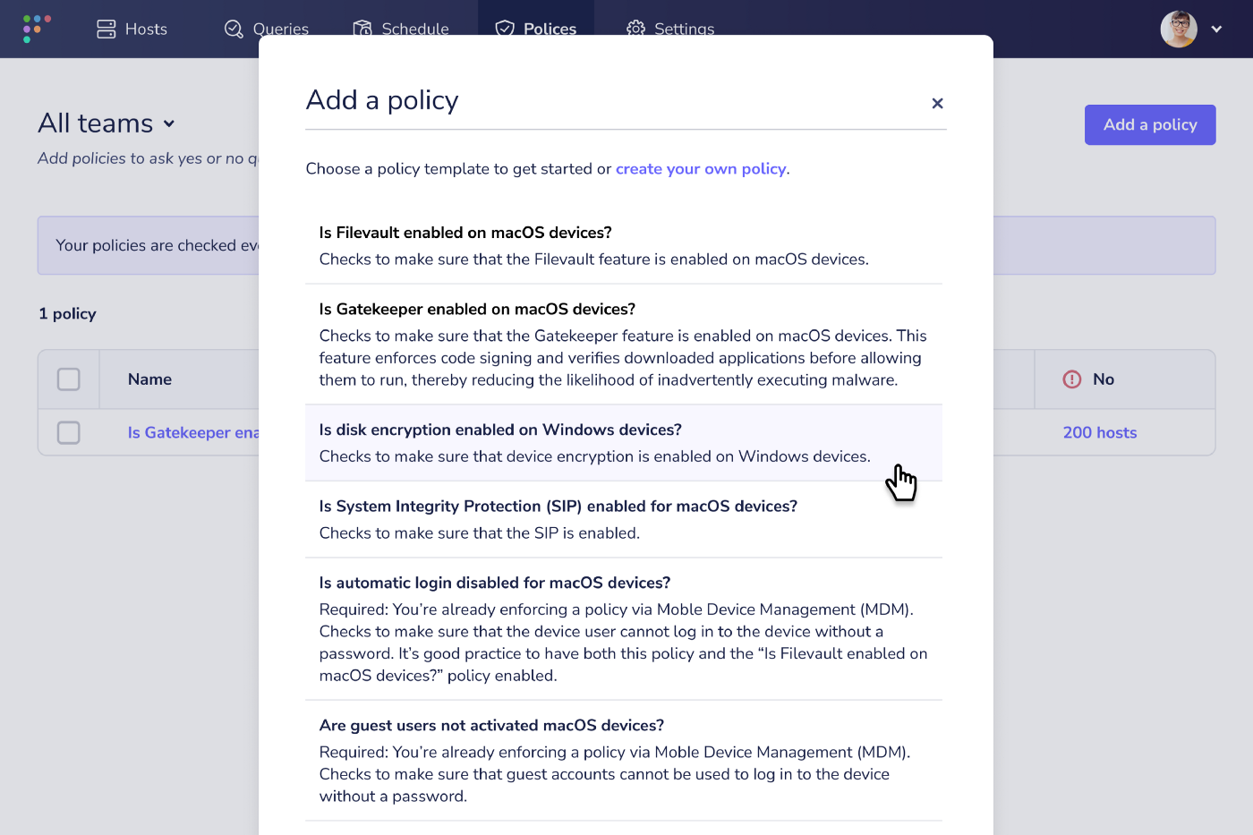 Choose from a library of standard policy templates in Fleet UI