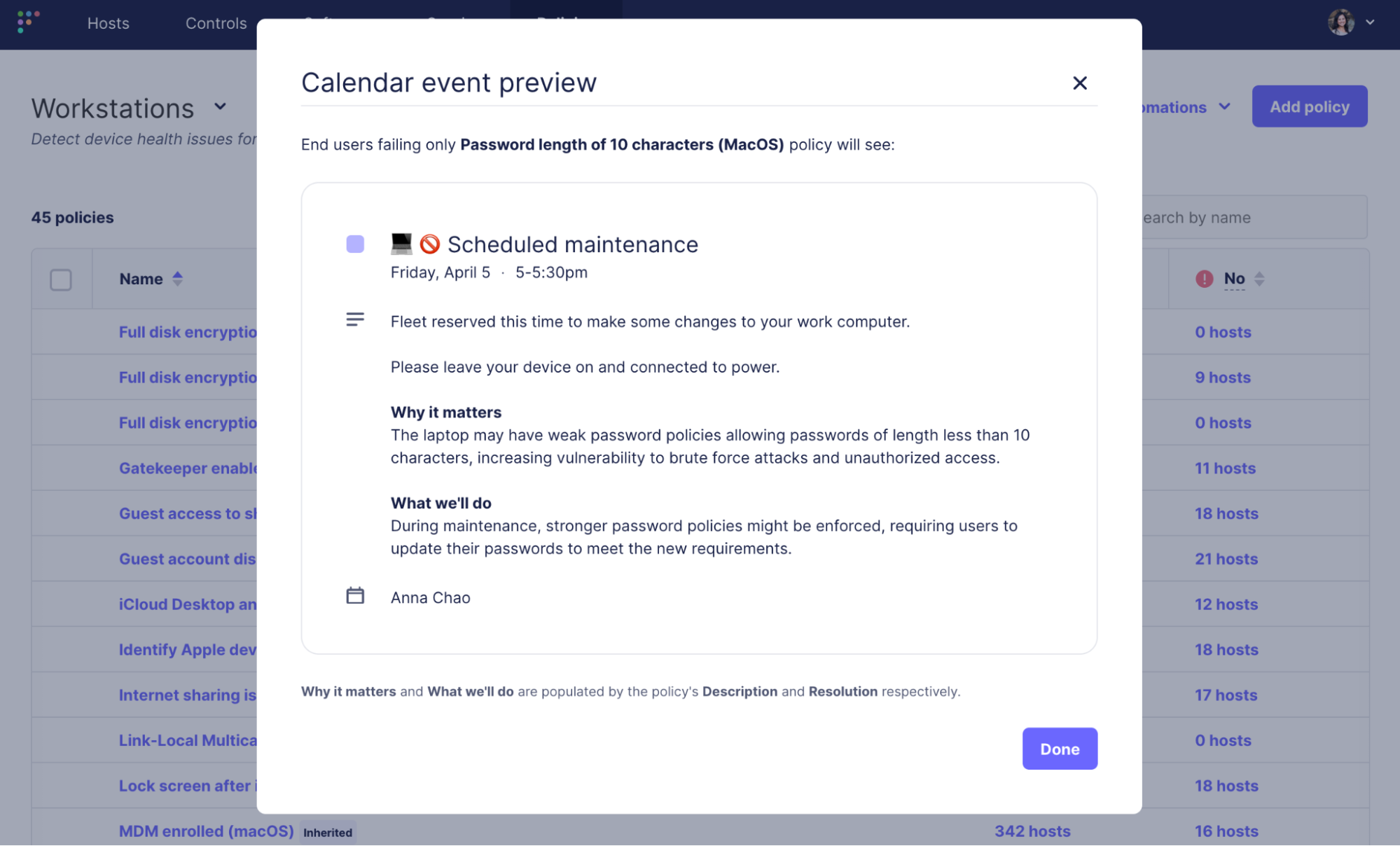 A preview of a failing policy’s calendar event uses a description and resolution written with AI assistance.