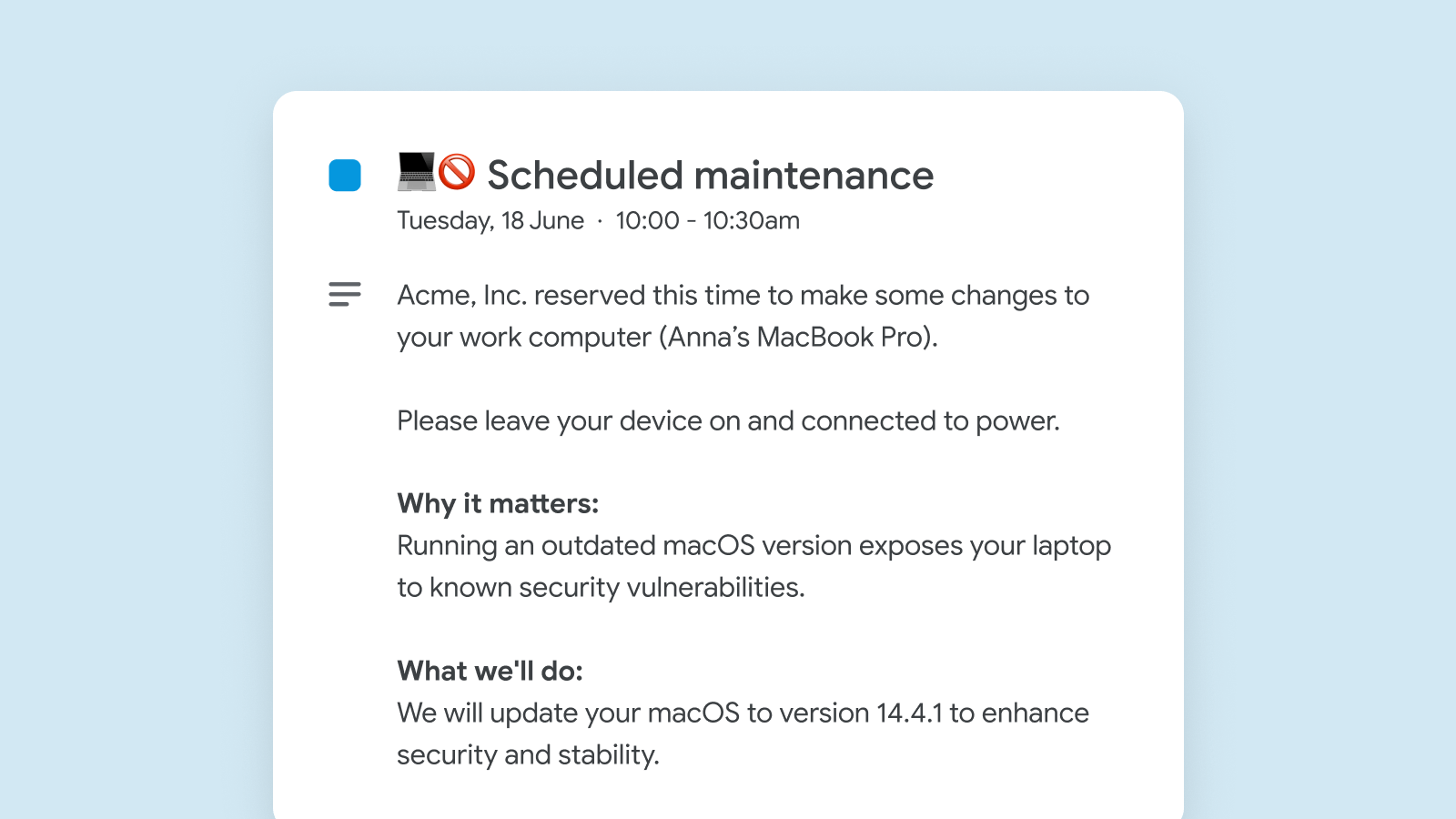 Example downtime maintenance window calendar event