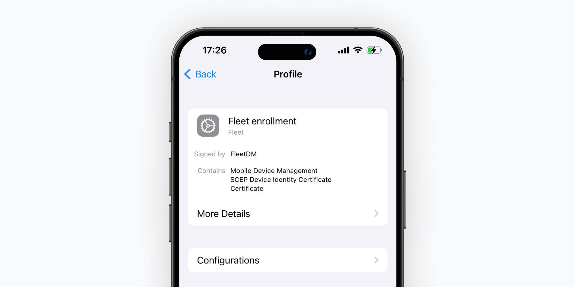 Fleet enrollment profile on an iPhone