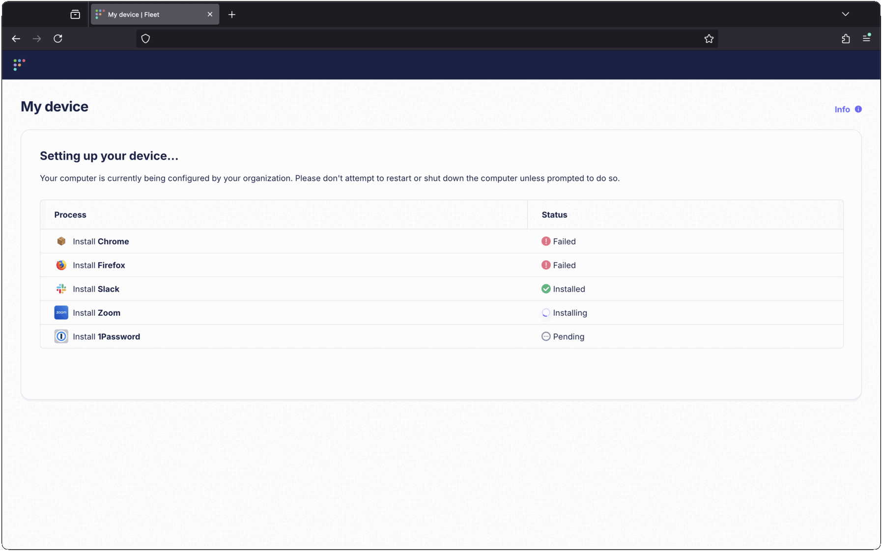 screen shot of Fleet setup experience webpage