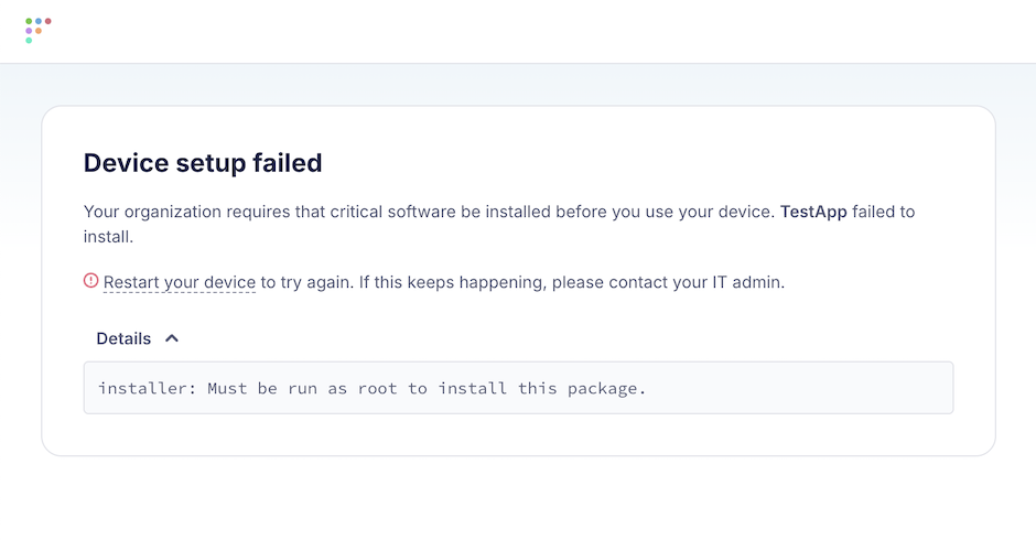 screen shot of Fleet setup experience failed view